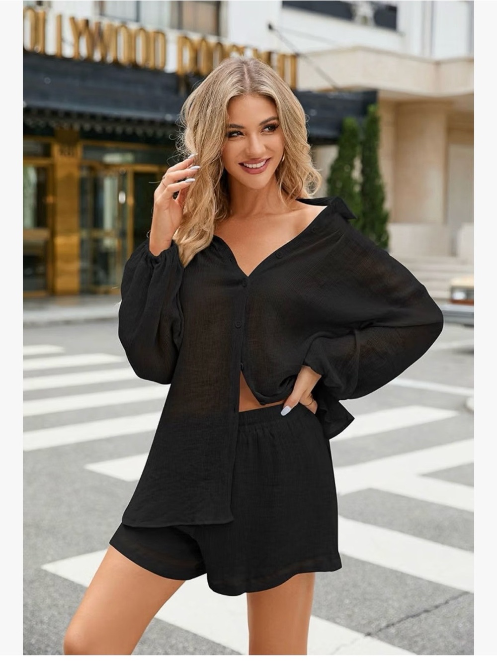 Black Two-Piece Button Shirt & Shorts Set